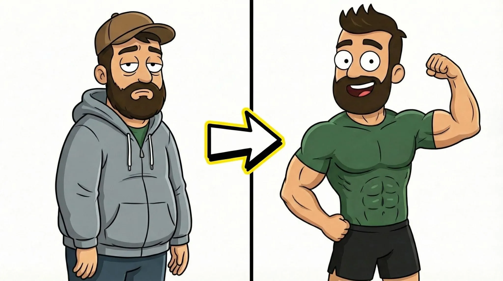 Comic: der ByeBye Bauch Coach vorher im grauen Hoodie, nachher fit und gut gelaunt