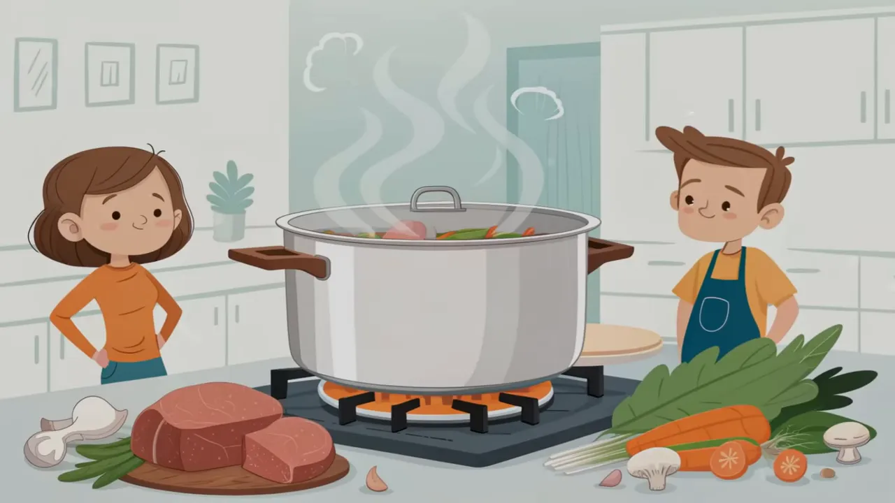 Dampfender Topf mit selbstgemachter Knochenbrühe
