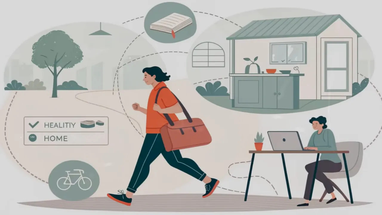 Illustration: Person geht zügig zu Fuß, umgeben von Alltagsszenen (Home, Arbeit, Fahrrad) die Bewegung im Alltag symbolisieren
