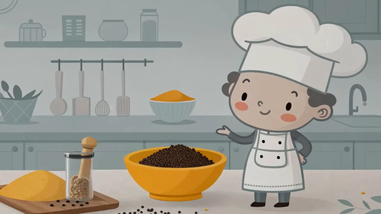 Cartoon-Koch präsentiert Schale mit schwarzen Pfefferkörnern und Schale mit Kurkuma-Pulver auf einer Arbeitsplatte