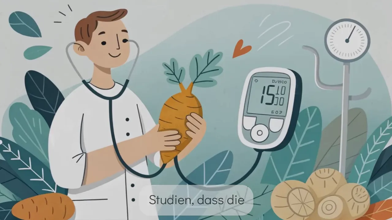 Illustration eines Arztes mit Stethoskop, einer Wurzel (Kurkuma) und einem Blutdruckmessgerät im Hintergrund.