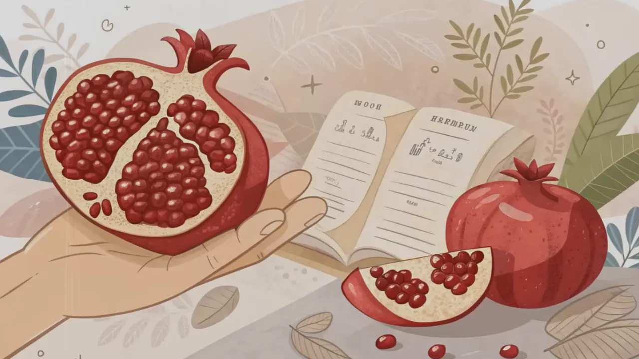 Aufgeschnittener Granatapfel mit sichtbaren Kernen neben einem ganzen Granatapfel und offenem Buch, klare Illustration