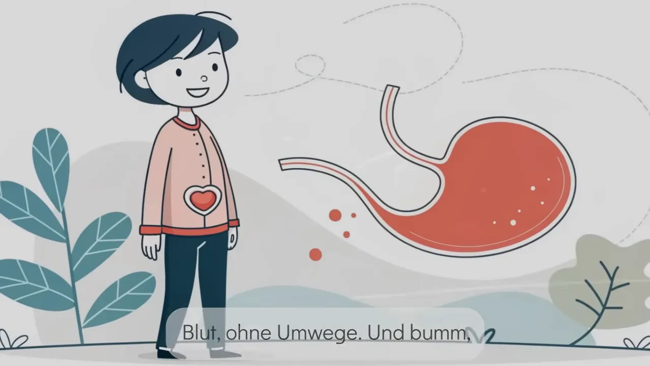 helle Illustration: Person mit Herzsymbol am Bauch neben stilisiertem Magen, symbolisiert Aufnahme ins Blut