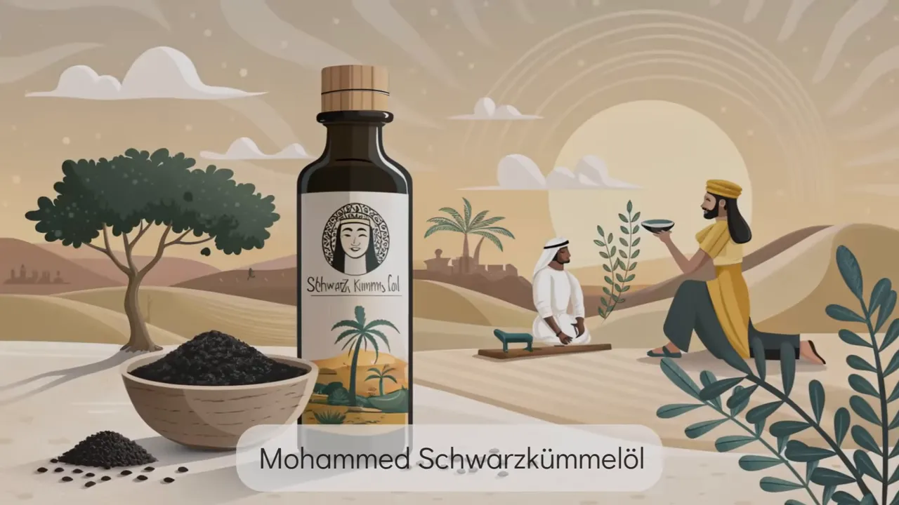 Illustration einer Flasche Schwarzkümmelöl neben einer Schale mit Nigella-Samen vor einer traditionellen Wüstenlandschaft