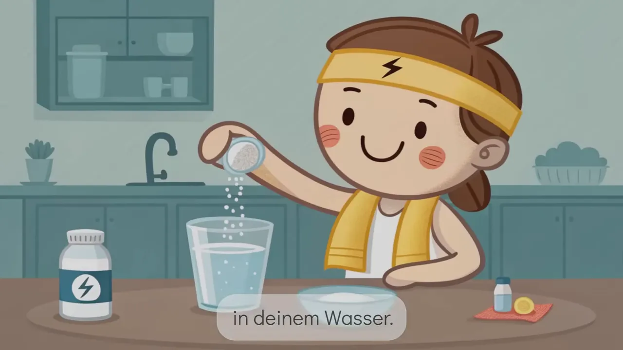 Illustration einer Person, die Elektrolytpulver in ein Glas Wasser streut; Fläschchen und Zitrone auf dem Tisch.