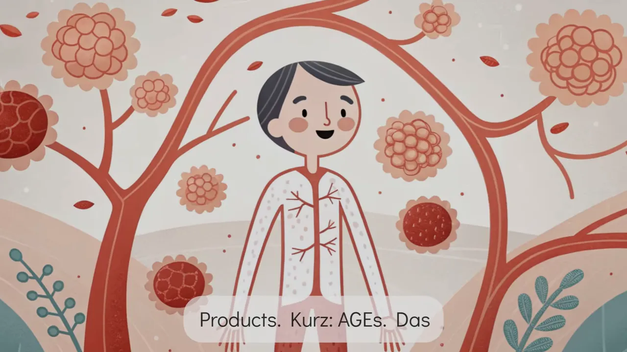 Illustration eines Körpers umgeben von kugeligen Ablagerungen zur Darstellung von AGEs