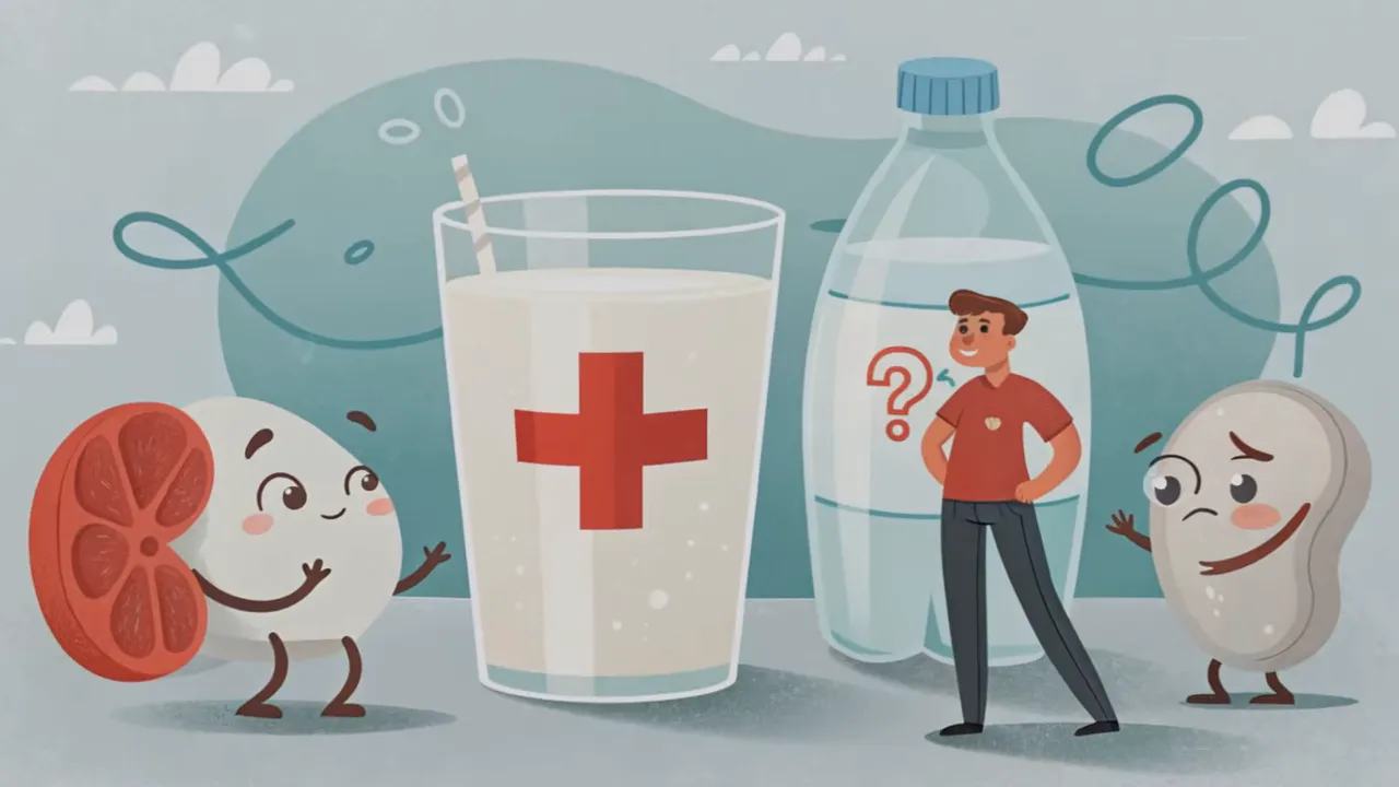 Klare Illustration: Glas mit Kreuz, Wasserflasche, Mensch und Nieren-Charaktere – symbolisiert Kalzium und Nierengesundheit