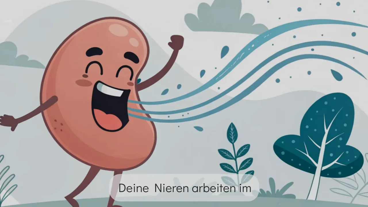 Cartoon einer Niere, aus der mehrere Wasserstrahlen fließen; symbolisiert Überfiltration.