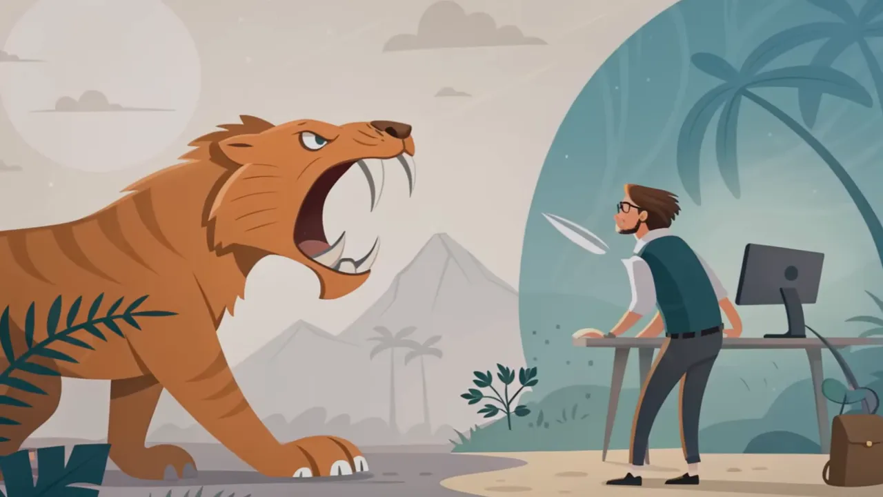 Klarer Vektor-Illustration: ein großer brüllender Tiger gegenüber einer Person am Schreibtisch