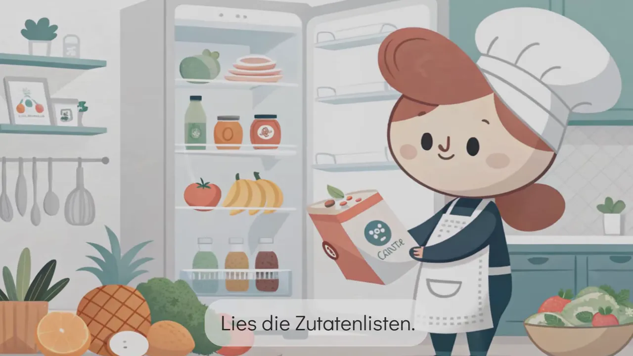 Cartoon-Köchin liest eine Verpackung mit dem eingeblendeten Text 'Lies die Zutatenlisten.'
