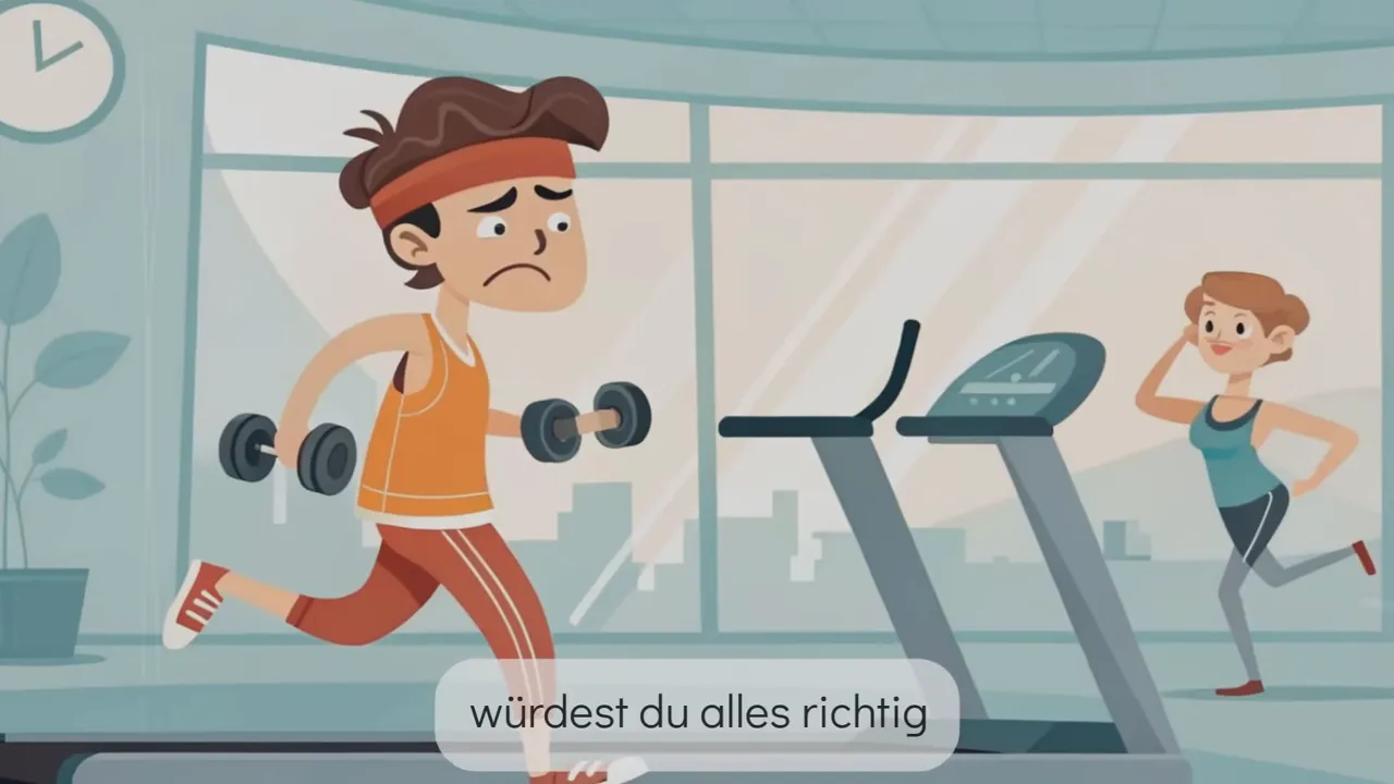 Illustration eines Mannes mit Hanteln auf dem Laufband im Fitnessstudio