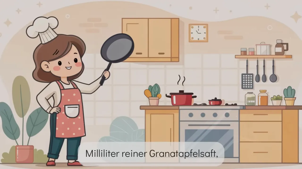 Illustration einer Köchin in der Küche mit Herd; Untertitel erwähnt 'Milliliter reiner Granatapfelsaft'