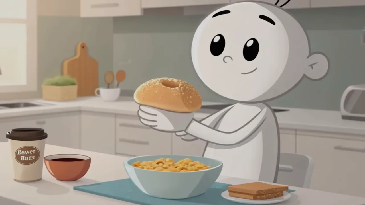 Klare Illustration: Cartoon-Figur hält Brötchen, im Vordergrund Müsli, Kaffee und Brot