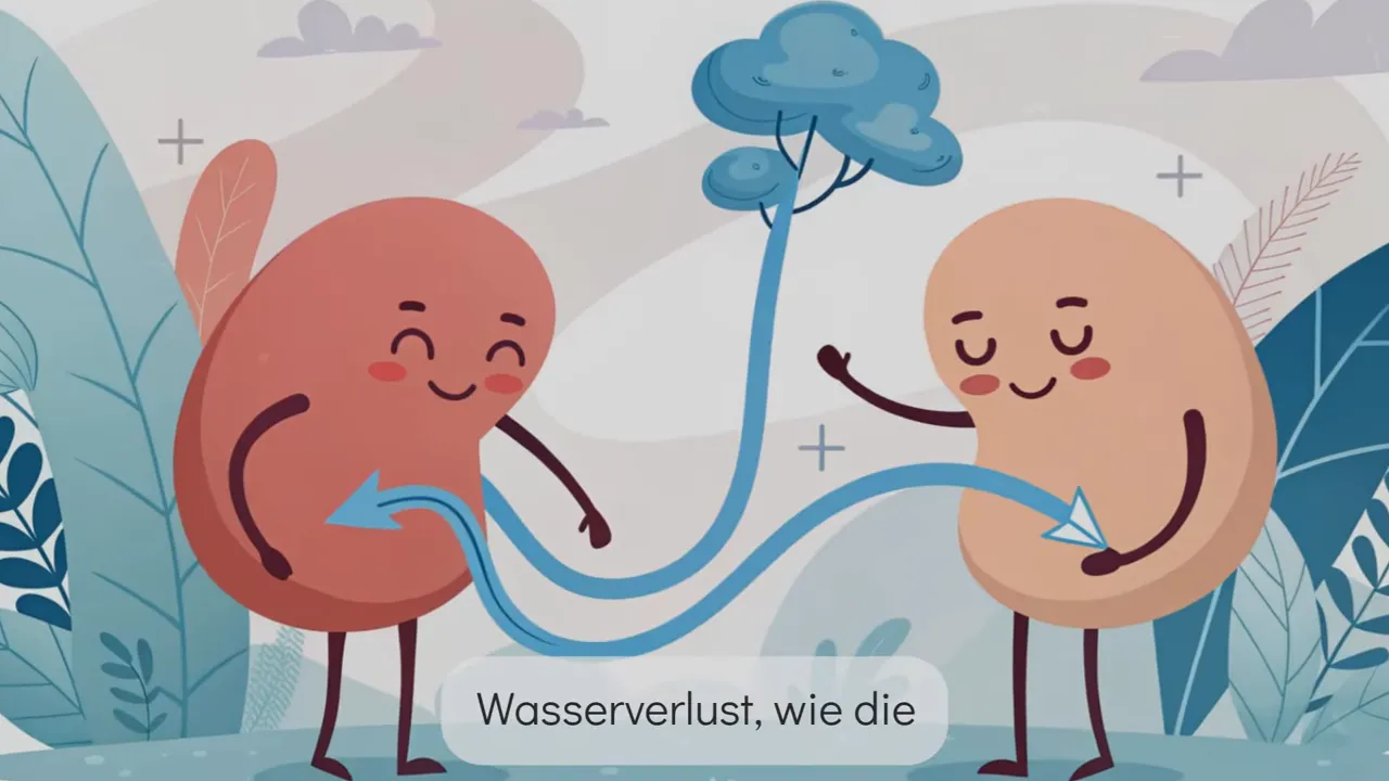 Illustration von zwei Cartoon-Nieren mit blauen Pfeilen und dem Texthinweis auf Wasserverlust.