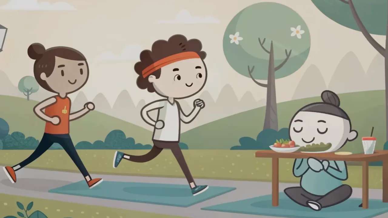 Cartoon-Illustration, frontal: zwei Jogger im Park und rechts eine Person, die ruhig am Tisch isst.