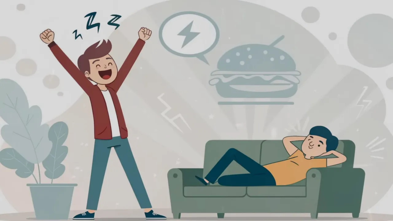 Illustration: eine Person energiegeladen steht, eine andere liegt auf dem Sofa; Burger-Icon symbolisiert Nahrungszufuhr/Refeed