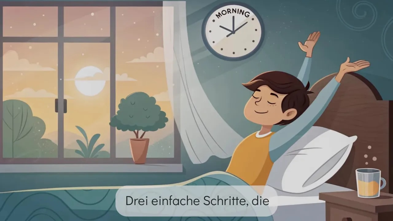 Klare Illustration: Person streckt sich im Bett, Fenster mit Sonnenaufgang und Uhr ‚Morning‘ sichtbar — symbolisiert das morgendliche Warten vor dem Essen.