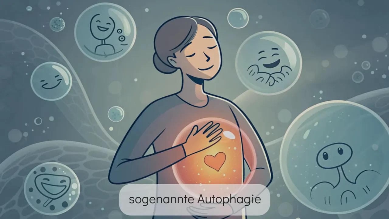 Illustration zum Thema Autophagie: Person hält Hand auf Herz, umgeben von Blasen die Zellen darstellen