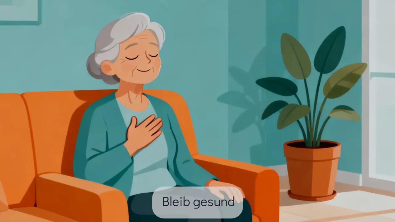 Ältere Frau sitzt entspannt auf dem Sofa und legt Hand ans Herz