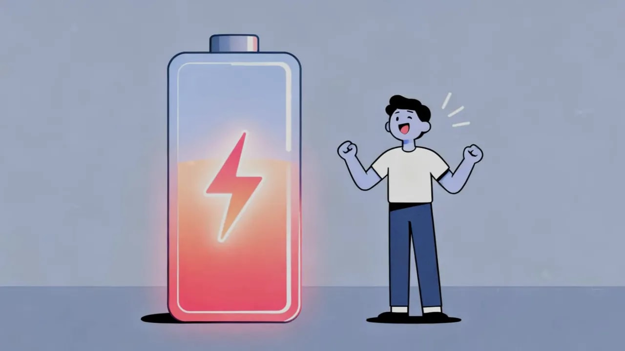 Illustration einer großen Batterie neben einer jubelnden Person, symbolisiert gespeicherte Energie beim Fasten