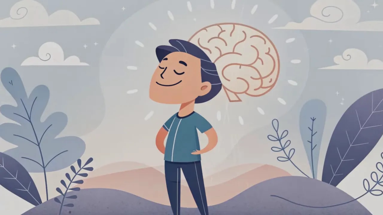 Illustration eines entspannten Menschen mit hervorgehobenem Gehirn im Hintergrund, symbolisiert mentale Klarheit nach dem Fasten