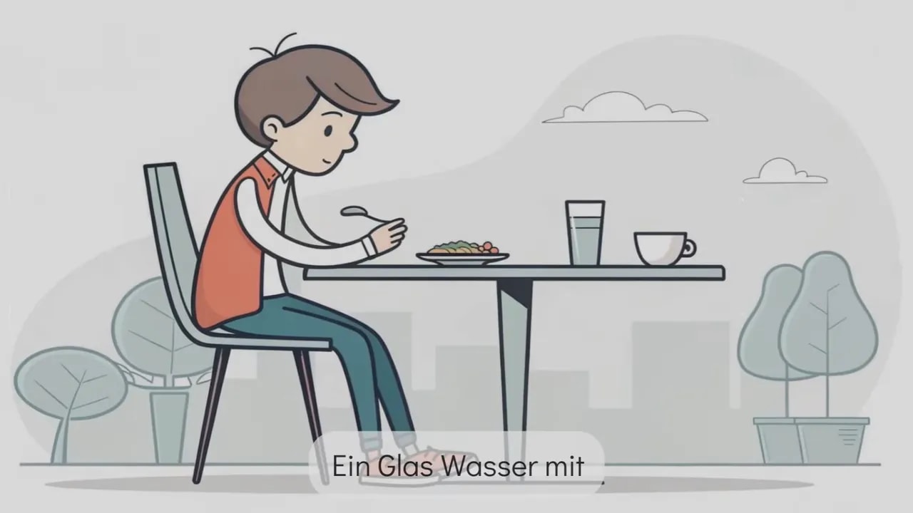 Illustration einer Person, die an einem Tisch sitzt und ein Glas Wasser neben Tellern und Tasse hat