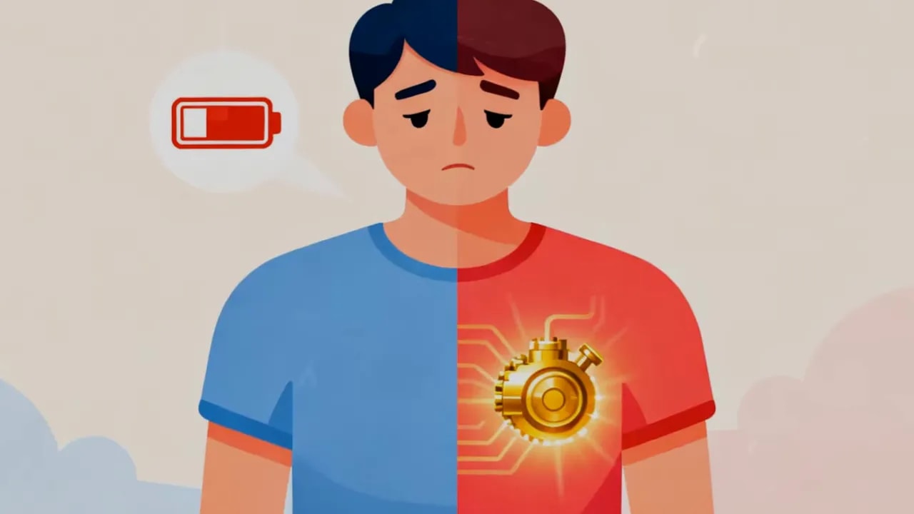 Illustration einer halb geteilten Person, links blau mit Akku-Symbol, rechts rot mit goldenem Motor-Icon im Brustbereich