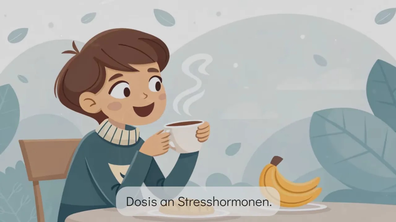 Illustration: Person trinkt Kaffee am Frühstückstisch, Banane auf dem Teller, klare Darstellung