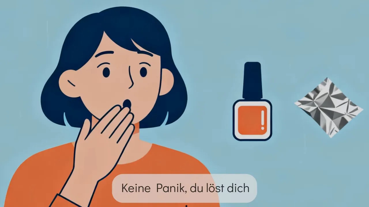 Illustration einer Frau, die sich den Mund hält, mit Nagellack- und Aluminiumfolien-Symbolen zur Darstellung von Aceton-/Keto-Atem