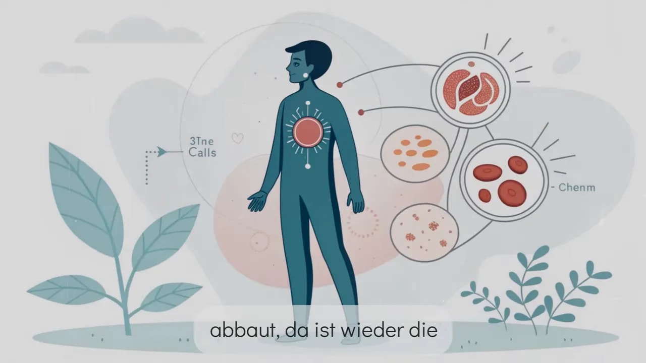 Illustration eines stehenden Menschen mit vergrößerten Zell-/Blutbild‑Einblendungen und Pfeilen, die Zellerneuerung und Immun‑Reset symbolisieren; klar und gut lesbar.
