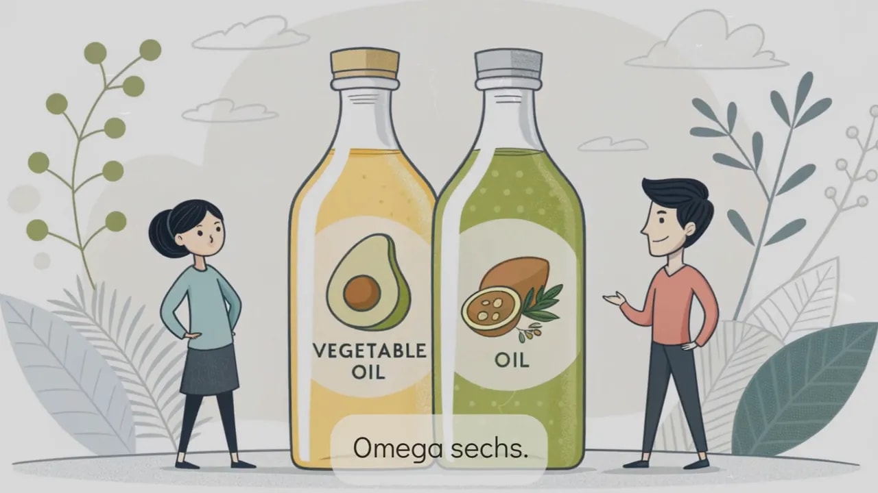 Zwei Flaschen pflanzliches Öl (Avocado und Samen) mit zwei Figuren – symbolisiert pflanzliche Öle und ihr Fettsäureprofil