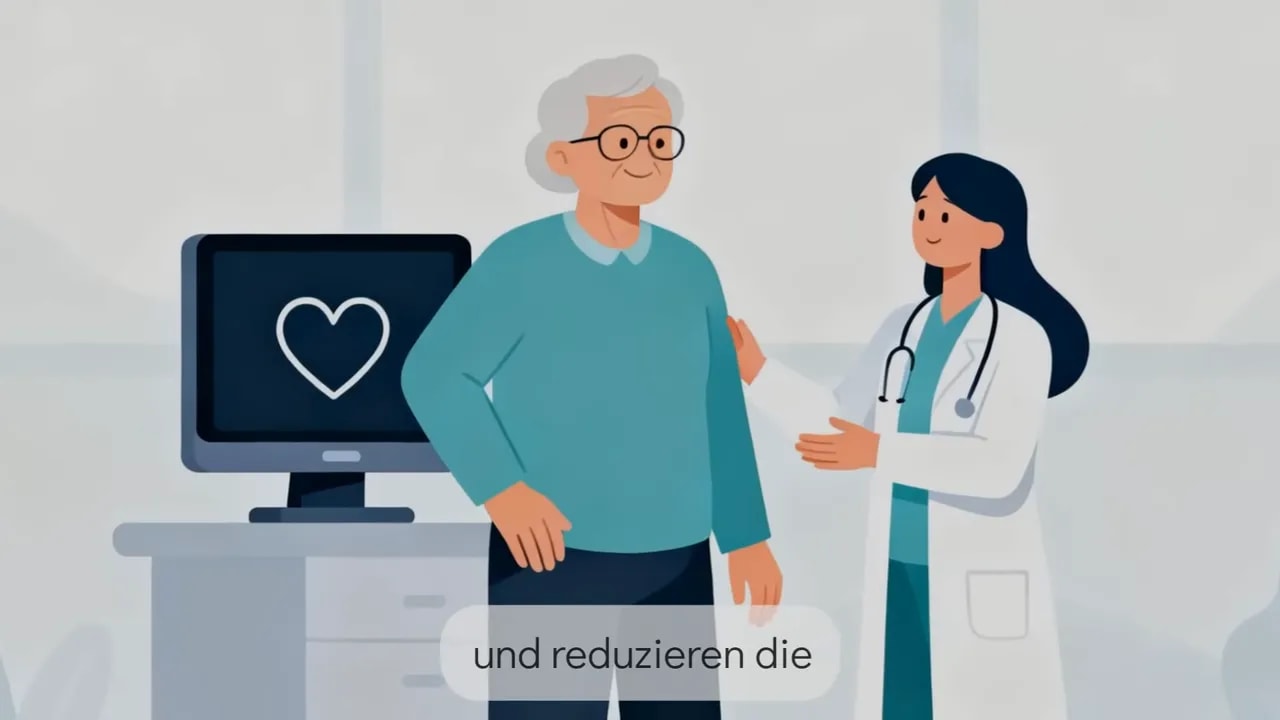 Ärztin spricht mit älterem Patienten vor Monitor mit Herzsymbol