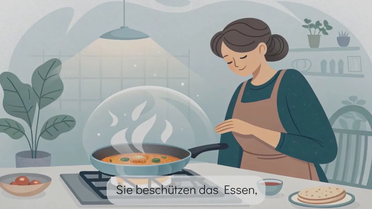 Hell gezeichnete Frau beim Braten: Pfanne mit Dampf und schützender Blase über dem Essen