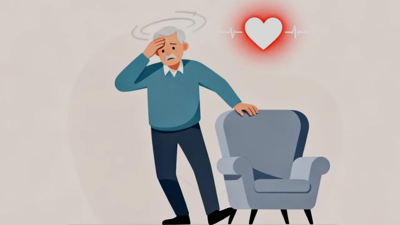 Illustration eines älteren Mannes mit Schwindel, der sich an einem Sessel festhält; Herzsymbol im Hintergrund
