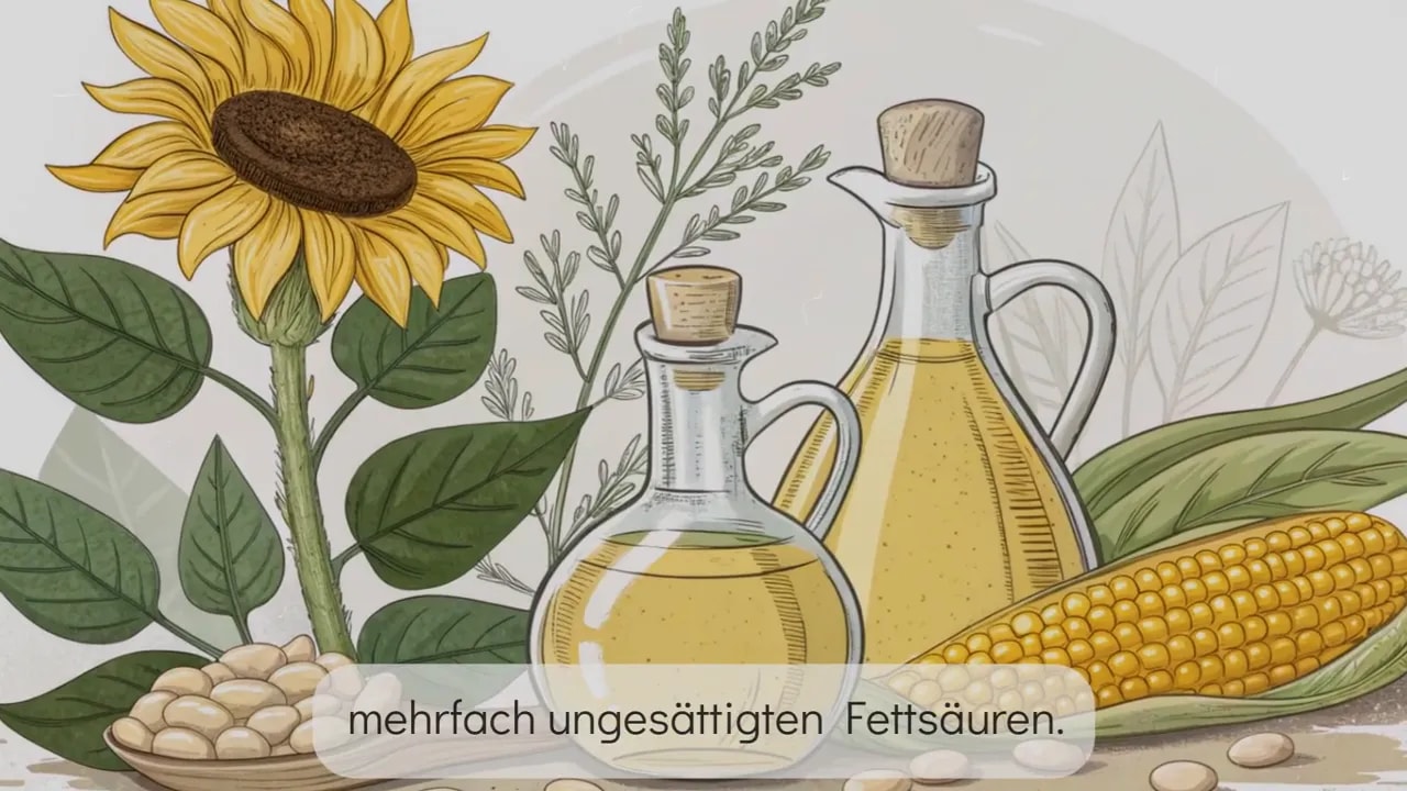 Illustration von Sonnenblume, zwei Ölflaschen und Maiskolben, klar und farbig