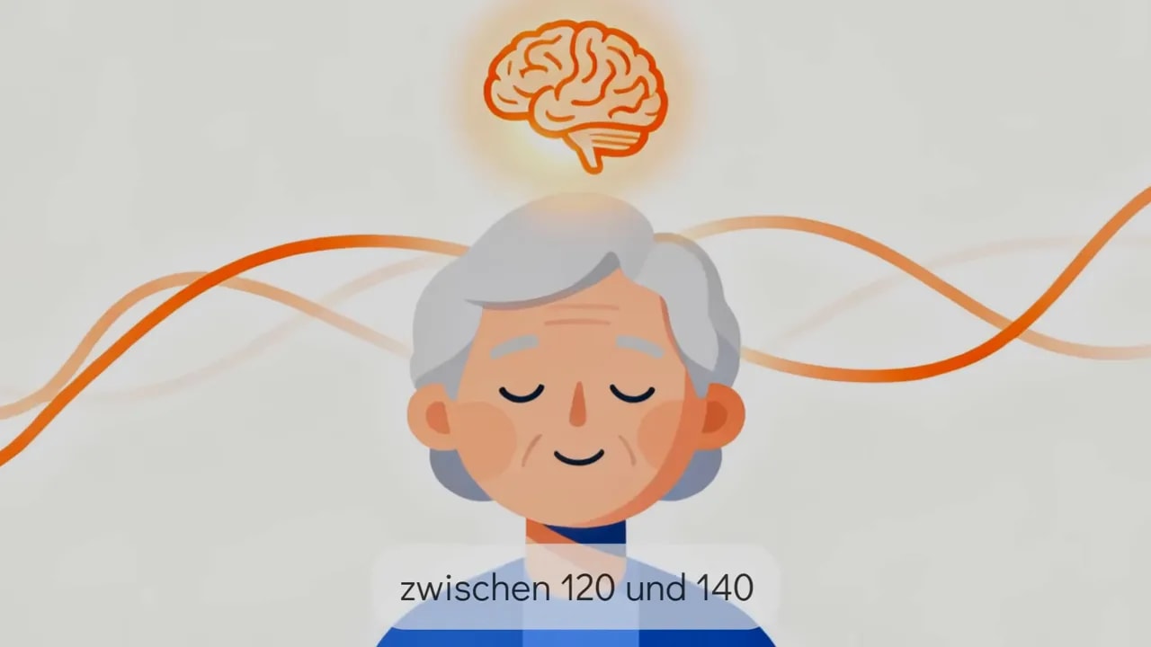 Ältere Person mit leuchtendem Gehirn und Text 'zwischen 120 und 140'