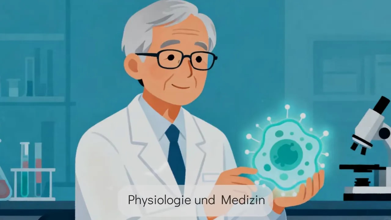 Illustration: Forscher hält eine leuchtende Zelle neben einem Mikroskop