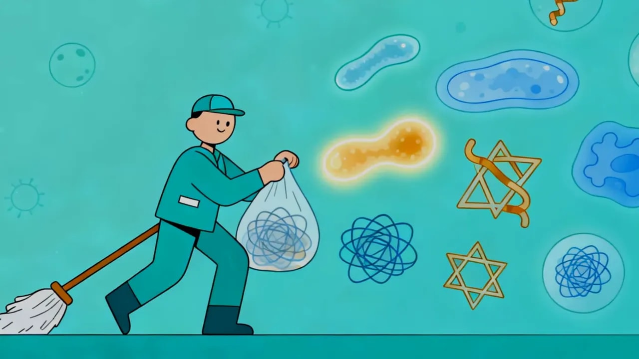 Cartoon: Reinigungsperson kehrt und sammelt Zellreste in einer Tüte — Illustration von zellulärer Reinigung/Autophagie