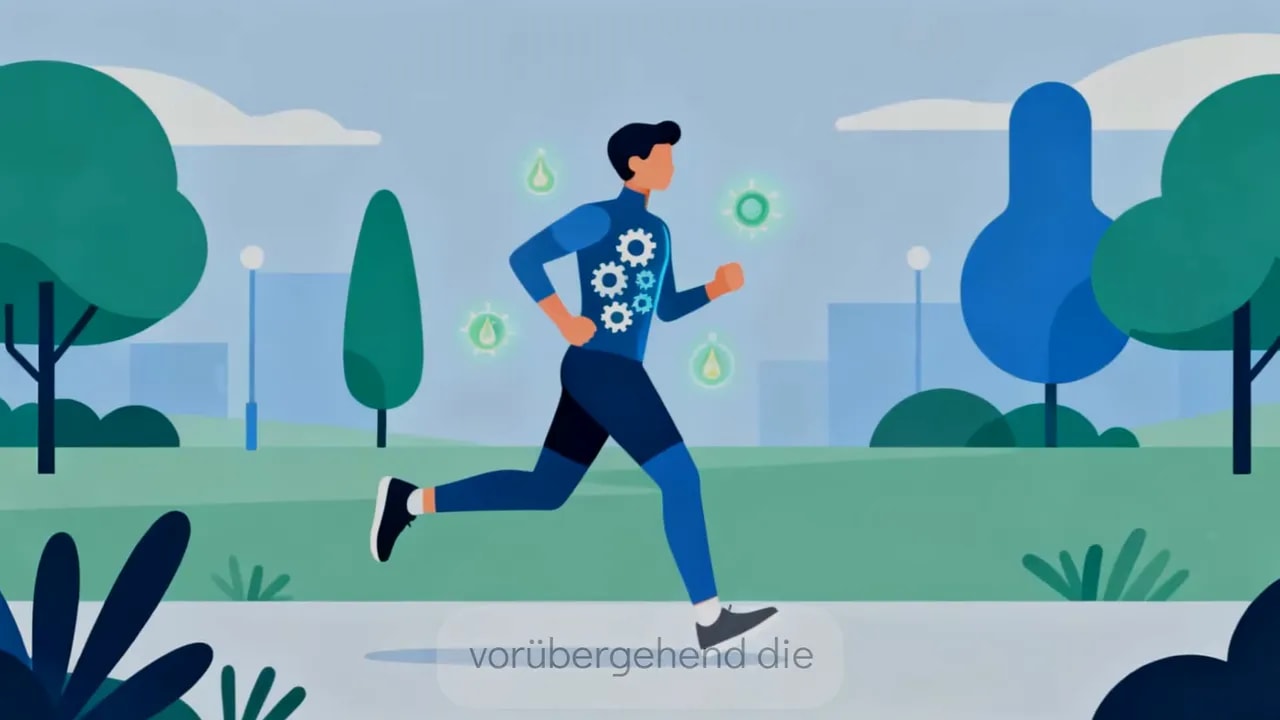 Illustration eines Joggers mit Symbolen für zelluläre Reparatur (Zahnräder, Tropfen)
