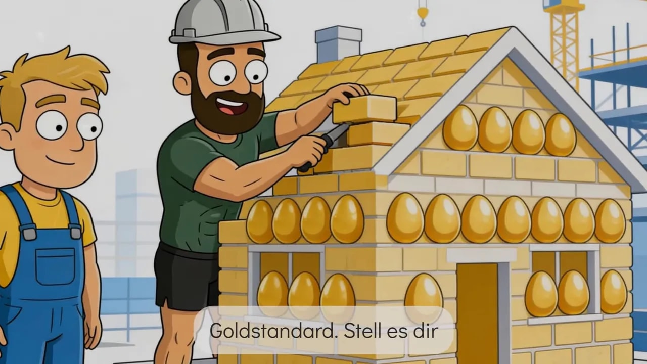 Cartoon-Bauarbeiter setzt Ziegel auf ein Haus aus goldenen Eiern – Symbol für Eier als Nährstoffbausteine