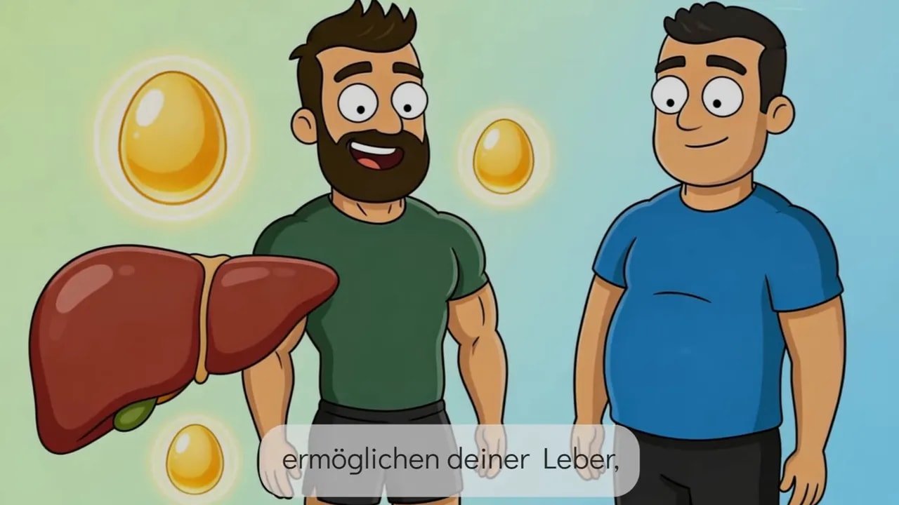 Klare Illustration: Leber und zwei Figuren mit schwebenden Eigelb, Hinweis auf Leberunterstützung durch Eier