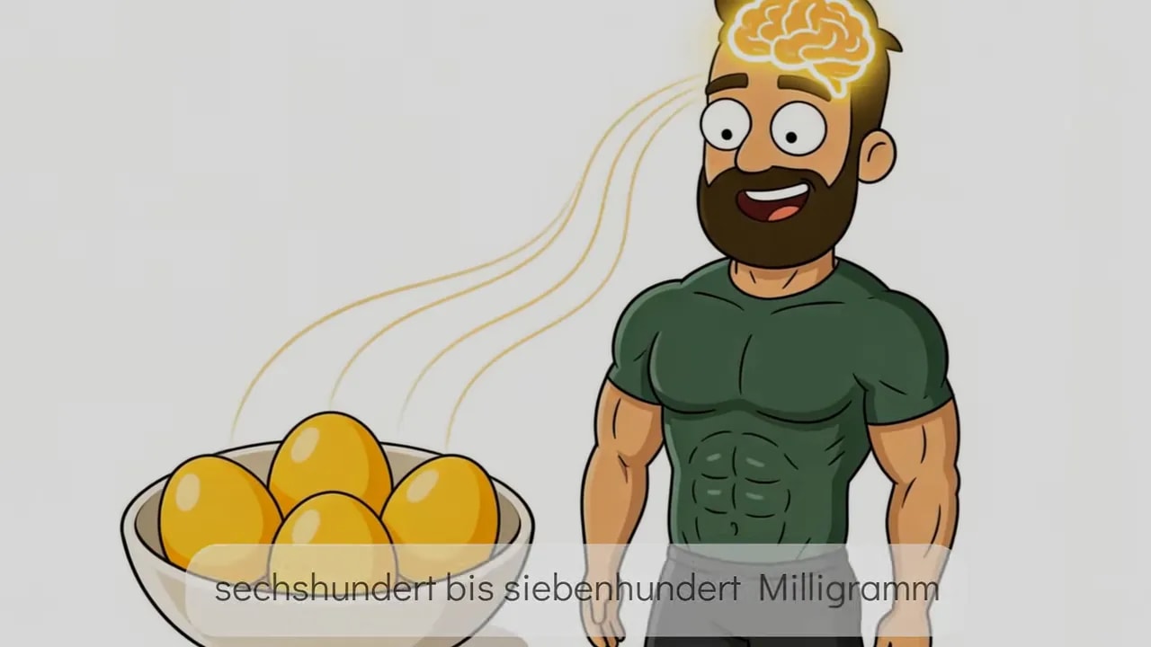 Cartoon: Schale mit fünf Eiern und muskulöser Mann mit hervorgehobenem Gehirn (Untertitel zeigt 600–700 mg)