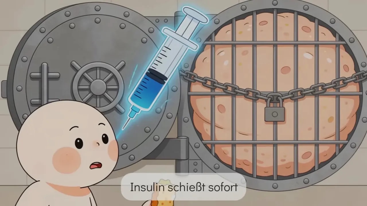 Illustration einer großen Spritze (Insulin), die ein eingesperrtes Fettvorrat-Tresor verriegelt
