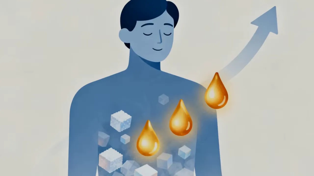 Illustration eines Körpers mit Zuckerkuben im Inneren, goldenen Tropfen außen und einem aufsteigenden Pfeil