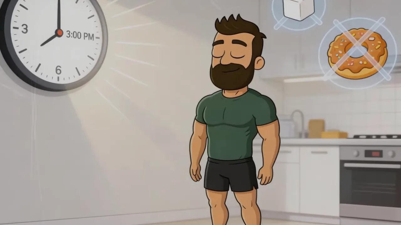 Klare Cartoon‑Szene: Mann in Küche, Uhr zeigt 3:00 PM, durchgestrichene Zucker‑ und Donut‑Icons