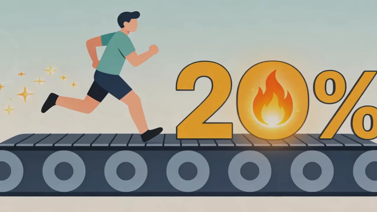 Klare Vektorillustration: ein Läufer auf einem Laufband neben einer großen goldenen '20%'-Zahl mit Flammensymbol, Darstellung erhöhter Fettverbrennung.