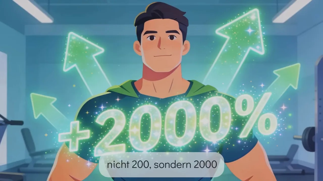 Symbolische Darstellung eines Athleten im Fitnessstudio mit großer, klar sichtbarer '+2000%' Leuchtgrafik.