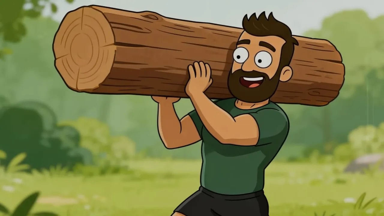 Animation eines Mannes, der einen schweren Baumstamm über der Schulter trägt als funktionelles Training