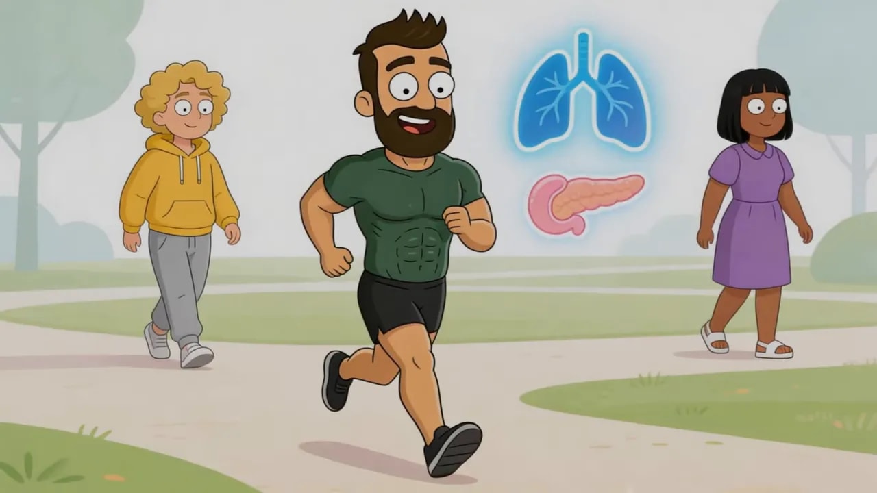 Cartoon: Person beim Gehen/Laufen mit hervorgehobener Bauchspeicheldrüse und Lungenicons