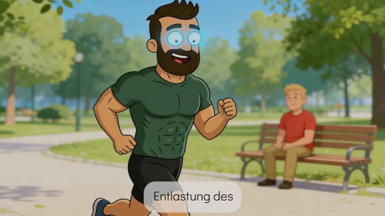 Cartoon-Mann joggt im Park mit blau leuchtenden Augen – Illustration zur Entlastung des Augendrucks